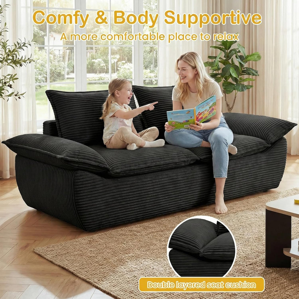 56" Boneless Loveseat, 2-Seater Black Boneless Sofa with Removable Cushions & 2 Pillows, Small Mini Couch Boneless Foam Sofa for Living Room, Apartments, & Office