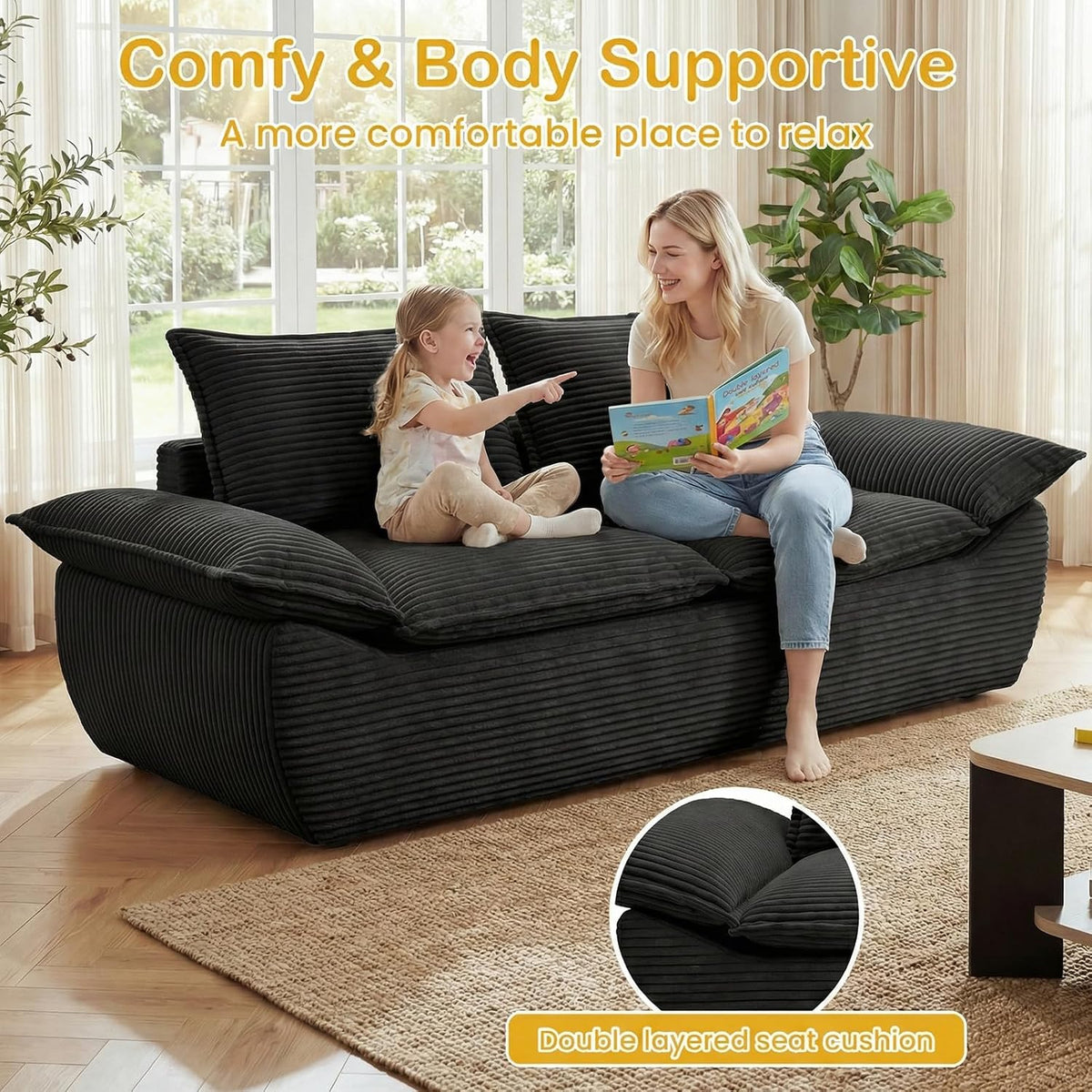 56" Boneless Loveseat, 2-Seater Black Boneless Sofa with Removable Cushions & 2 Pillows, Small Mini Couch Boneless Foam Sofa for Living Room, Apartments, & Office