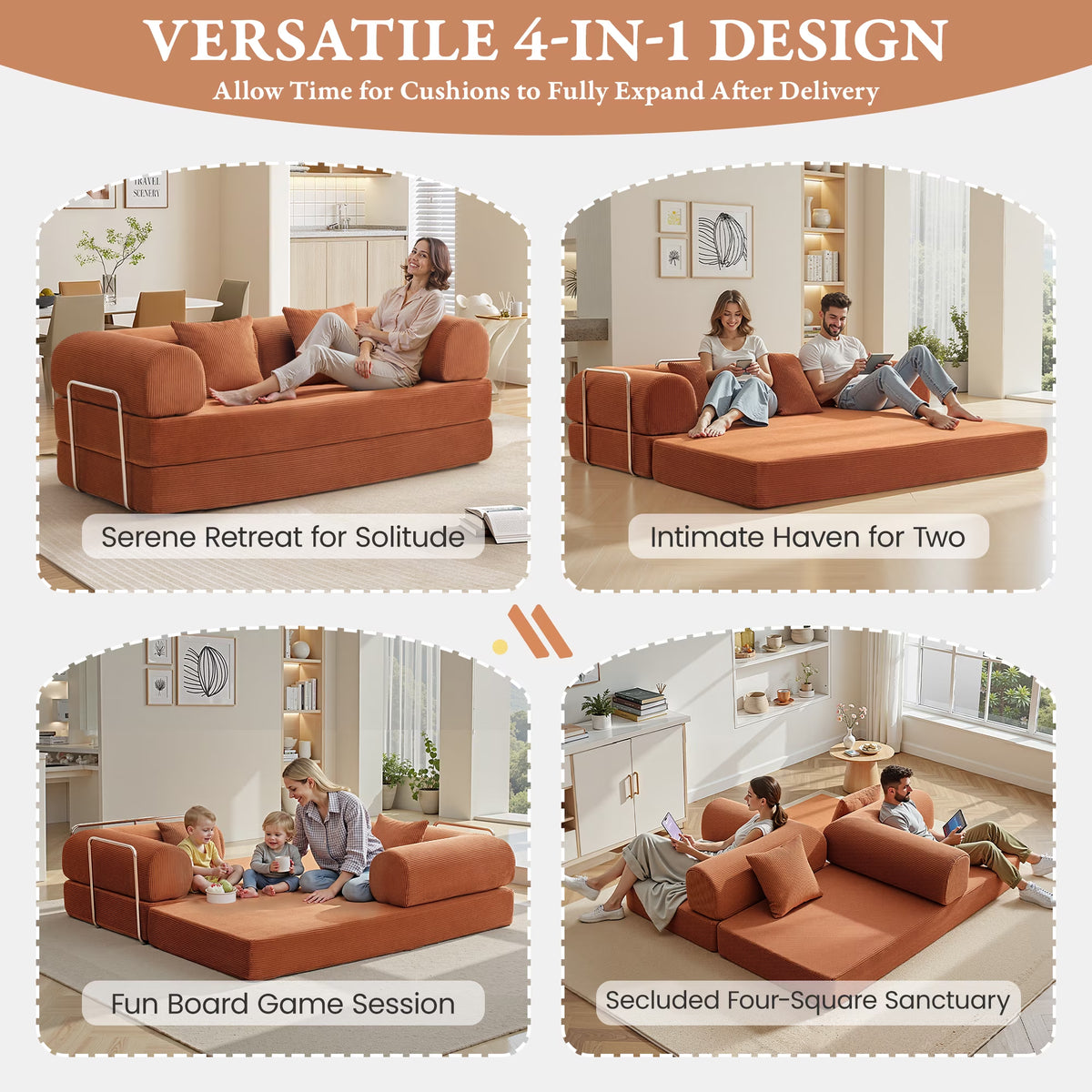 78.7" Convertible Boneless Sofa Bed, Folding Corduroy Sofa Couch, No Assembly Floor Sleeper Sofa Couch for Living Room, Pumpkin Brown