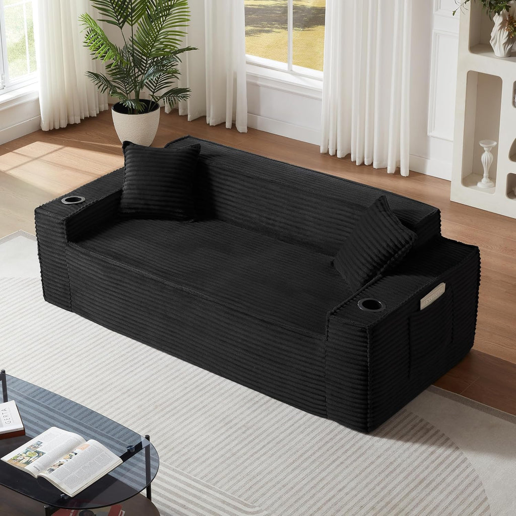 Cloud Loveseat Boneless Sofa Couch in a Box with Cupholders, Modern Corduroy Compressed Sofa for Living Room, 3 Seater High-Density Foam Couch with Pillows, No Assembly Required