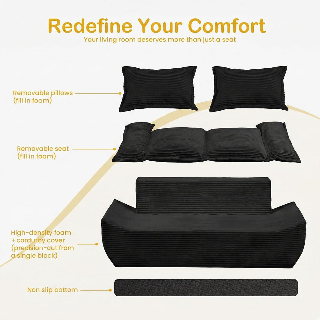 56" Boneless Loveseat, 2-Seater Black Boneless Sofa with Removable Cushions & 2 Pillows, Small Mini Couch Boneless Foam Sofa for Living Room, Apartments, & Office