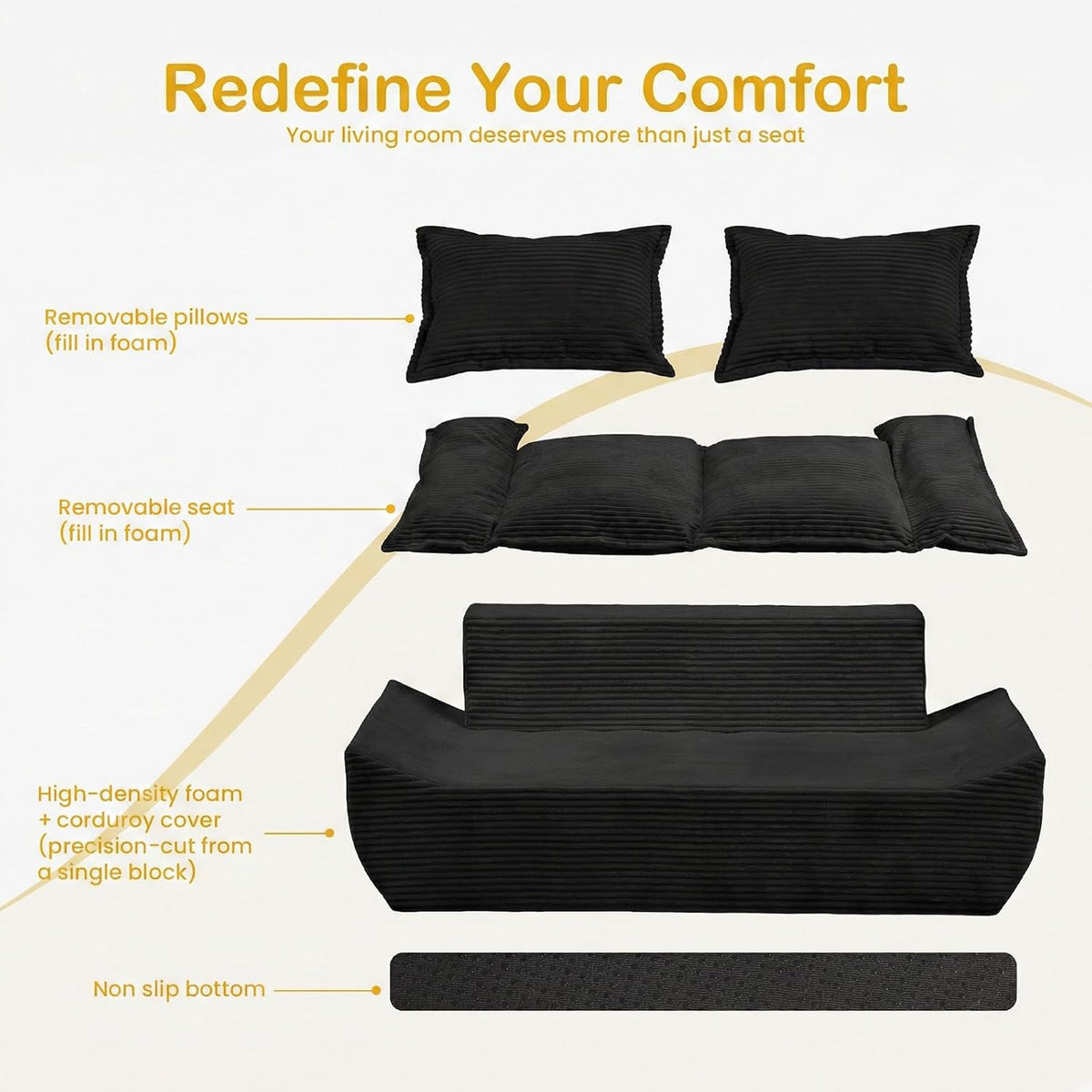 56" Boneless Loveseat, 2-Seater Black Boneless Sofa with Removable Cushions & 2 Pillows, Small Mini Couch Boneless Foam Sofa for Living Room, Apartments, & Office