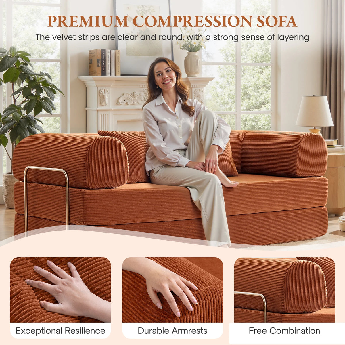 78.7" Convertible Boneless Sofa Bed, Folding Corduroy Sofa Couch, No Assembly Floor Sleeper Sofa Couch for Living Room, Pumpkin Brown