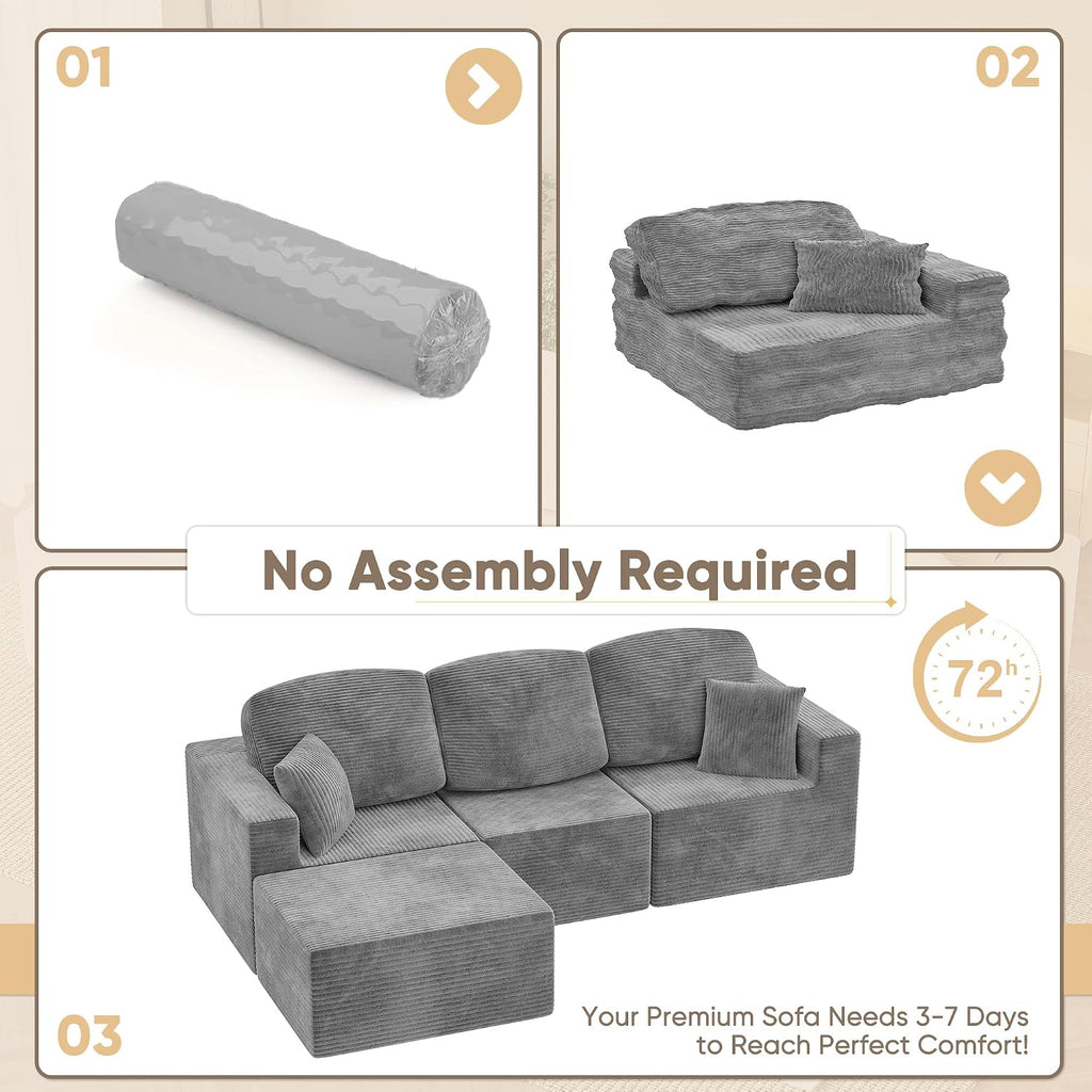 98.4" Boneless Couches for Living Room, Comfy Modular Sectional Couch, Cloud Couch with Deep Seat, L-Shaped Sofa with Ottoman, Grey
