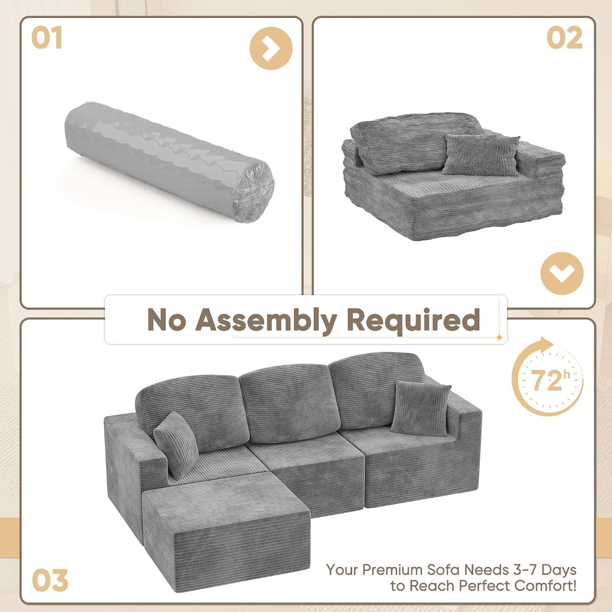 98.4" Boneless Couches for Living Room, Comfy Modular Sectional Couch, Cloud Couch with Deep Seat, L-Shaped Sofa with Ottoman, Grey