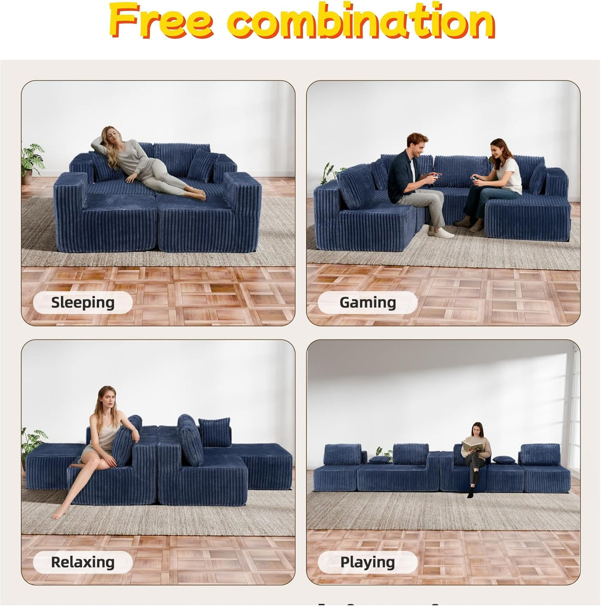 132" U Shaped Boneless Sectional Sofa with Double Chaise, Blue