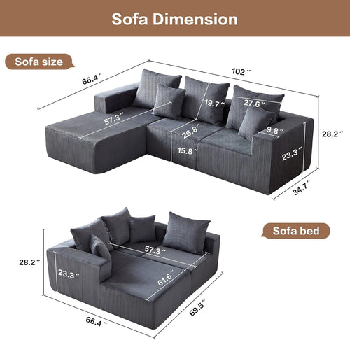 102" L-Shaped Corduroy Cloud Sofa Sectional for Living Room Grey