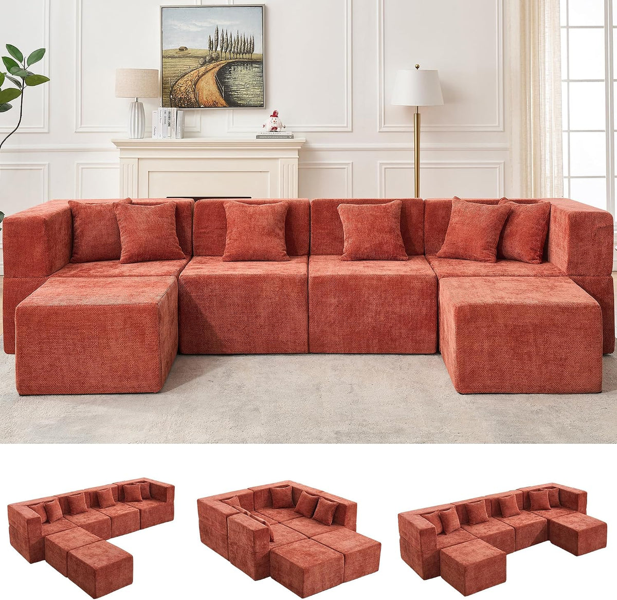 Chenille U-Shaped Cloud Sectional 130" with Ottoman, 6-Seat