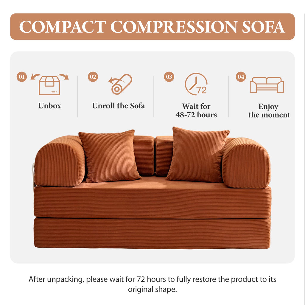 63" W Convertible Boneless Sofa Bed, Folding Corduroy Sofa Couch, No Assembly Floor Sleeper Sofa Couch for Living Room, Bedroom, Pumpkin Brown
