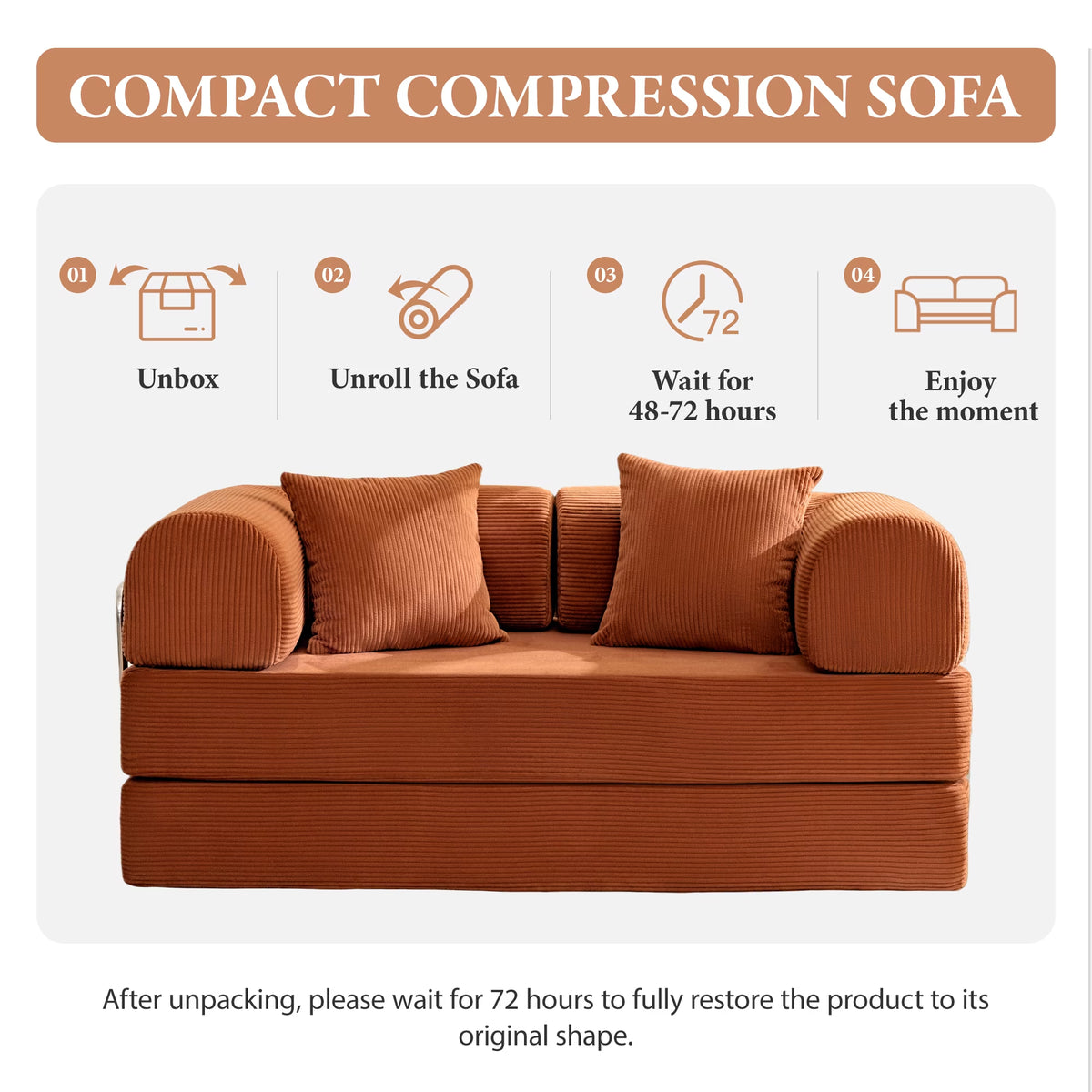 63" W Convertible Boneless Sofa Bed, Folding Corduroy Sofa Couch, No Assembly Floor Sleeper Sofa Couch for Living Room, Bedroom, Pumpkin Brown