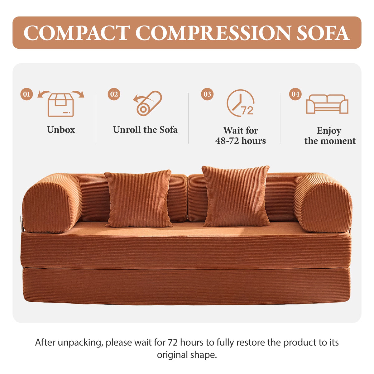 78.7" Convertible Boneless Sofa Bed, Folding Corduroy Sofa Couch, No Assembly Floor Sleeper Sofa Couch for Living Room, Pumpkin Brown