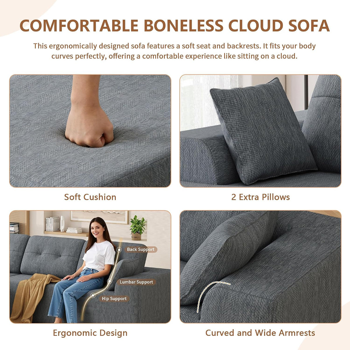 106" L-Shaped Modular Sectional Sofa, Boneless Cloud Couch