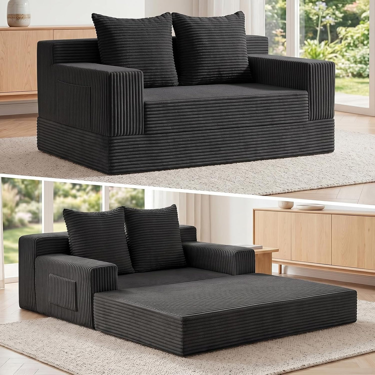 Boneless Loveseat Small Couch Bed, Futon Sleeper Sofa Bed,Convertible Pull Out Couch with 2 Pillows,Corduroy Folding Floor Couch for Living Room,No Assembly Required,Black