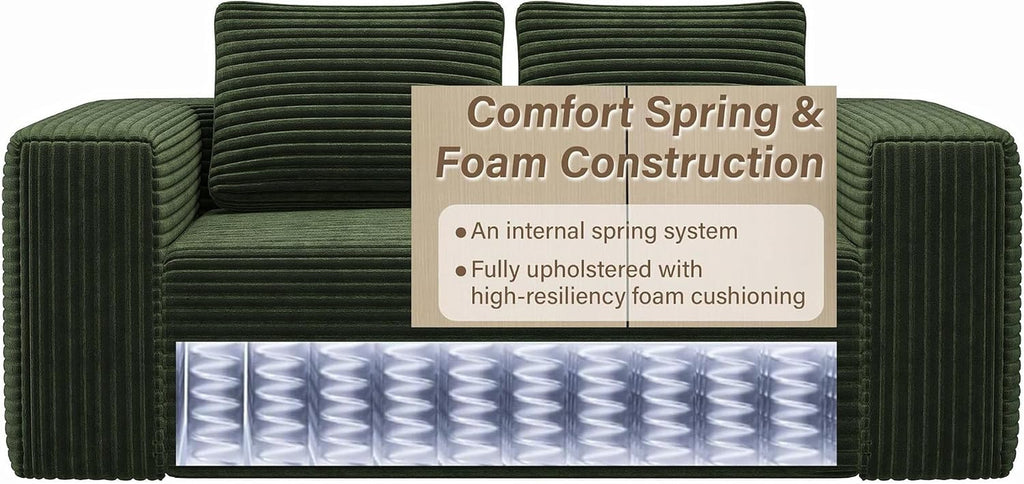 63" 2 Seater Boneless Sofa, Cloud Loveseat Sofa in a Box for Living Room, Corduroy Couch Memory Foam Couch No Assembly Needed Floor Sofa Lounge for Living Room Bedroom, Green