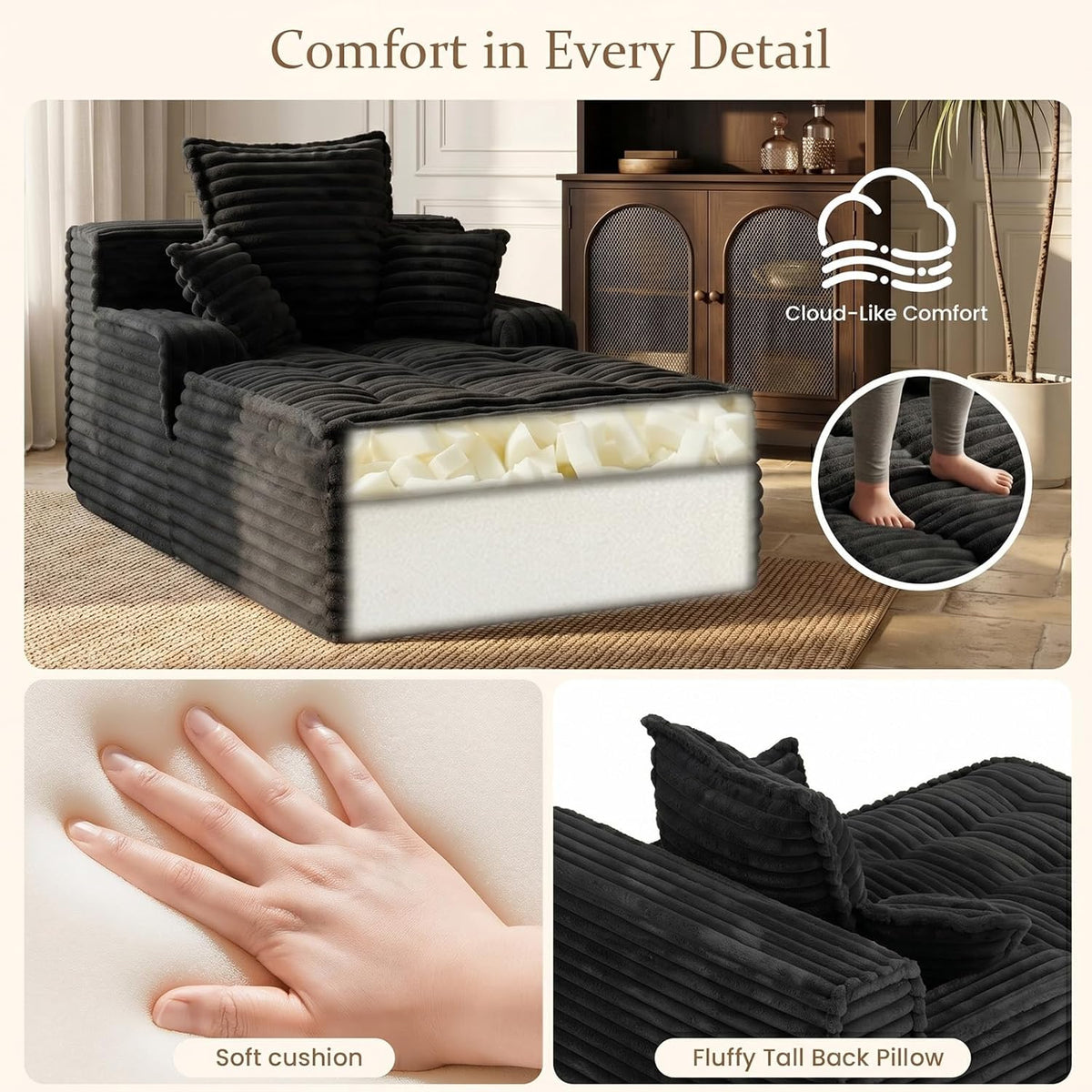 Boneless Chaise Lounge Couch Indoor, Small Corduroy Upholstered Sleeper Sofa Bed Reading Chairs with 3 Pillows, Fluffy Comfy Cloud Sofas Couches, Compression Boneless Sofa for Small Corner