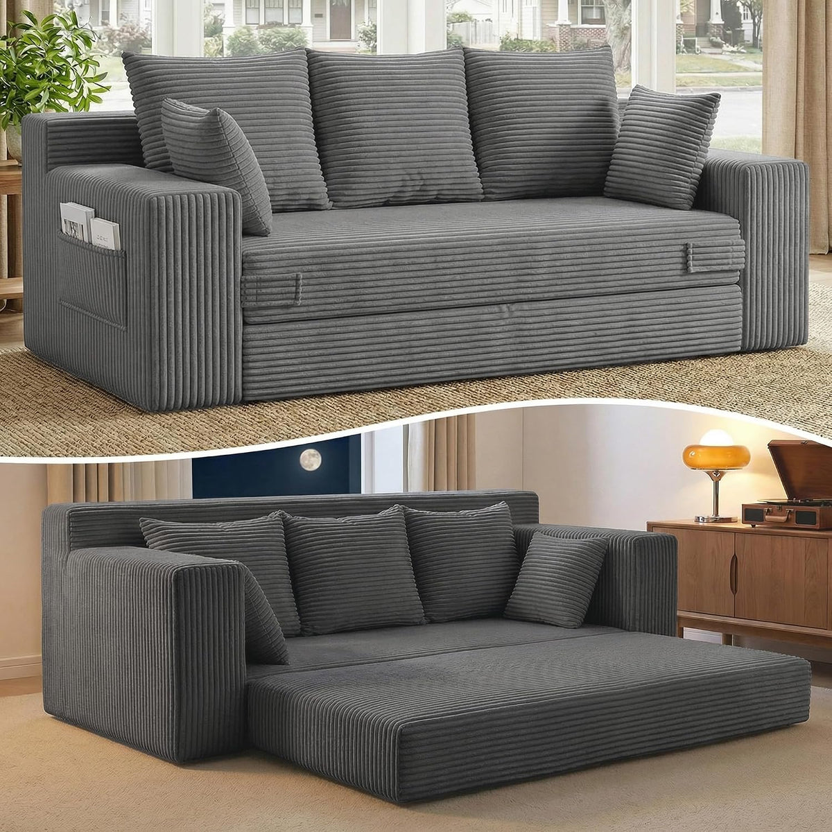 Boneless Couch 70 Inch: 3-In-1 Convertible Sofa Bed Futon Couch Bed, Oversized Loveseat Sleeper Sofa with 5 Pillows, Gray Couch for Living Room, Bedroom & Small Space