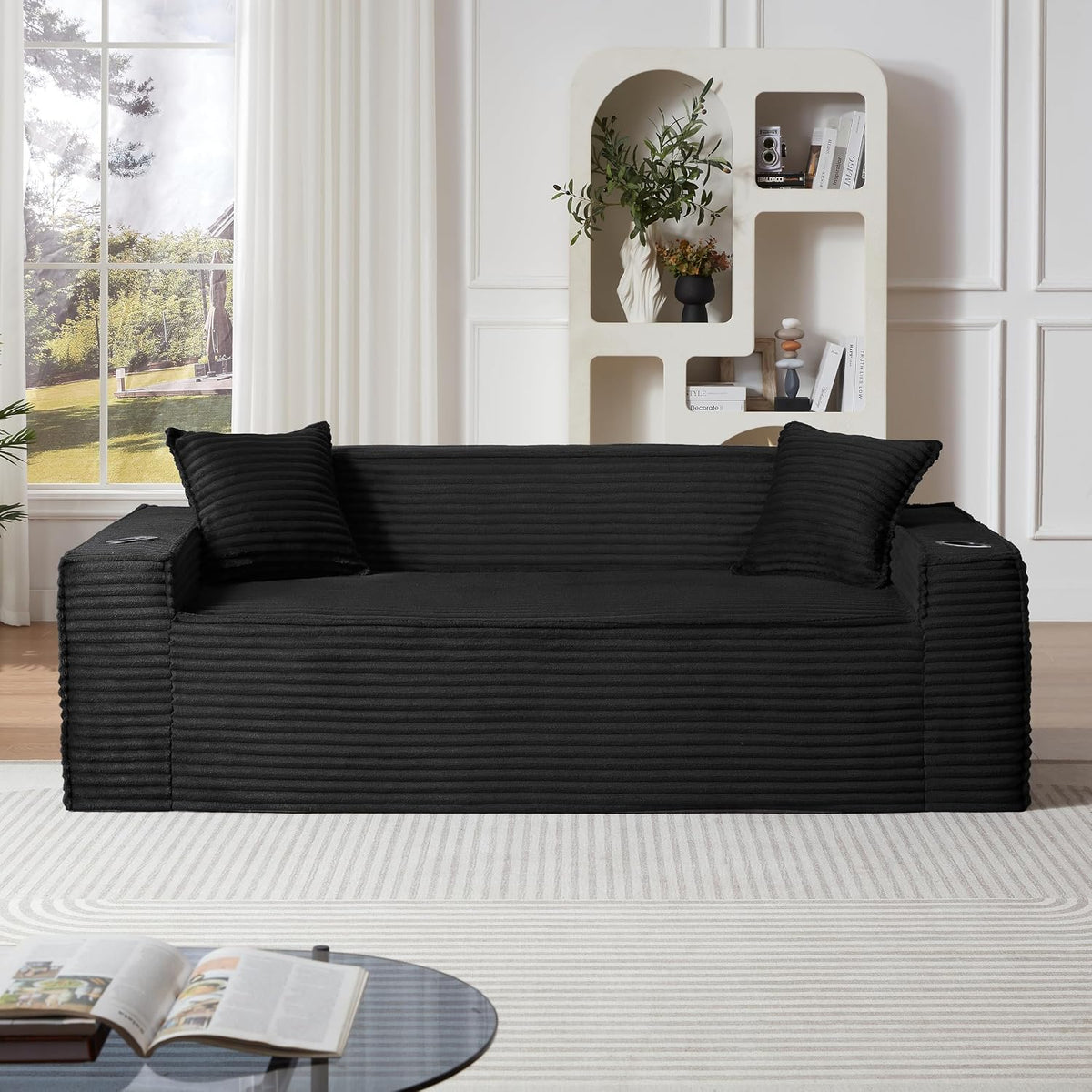 Cloud Loveseat Boneless Sofa Couch in a Box with Cupholders, Modern Corduroy Compressed Sofa for Living Room, 3 Seater High-Density Foam Couch with Pillows, No Assembly Required