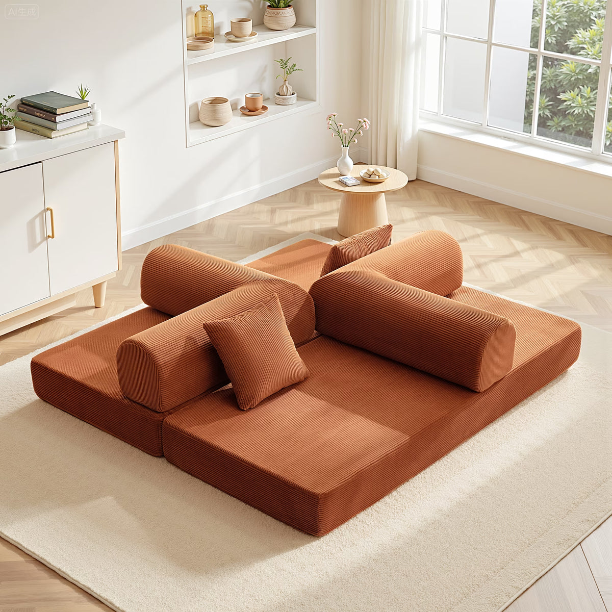 78.7" Convertible Boneless Sofa Bed, Folding Corduroy Sofa Couch, No Assembly Floor Sleeper Sofa Couch for Living Room, Pumpkin Brown