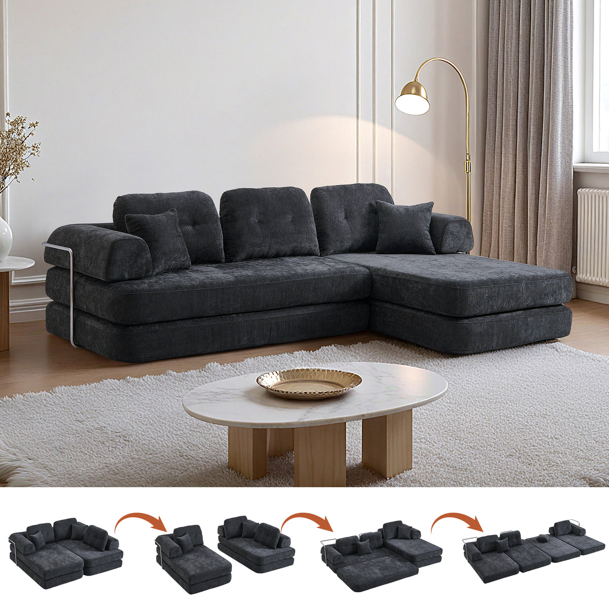 104-inch Modular Sectional Sofa, 4-Seat, Dark Gray