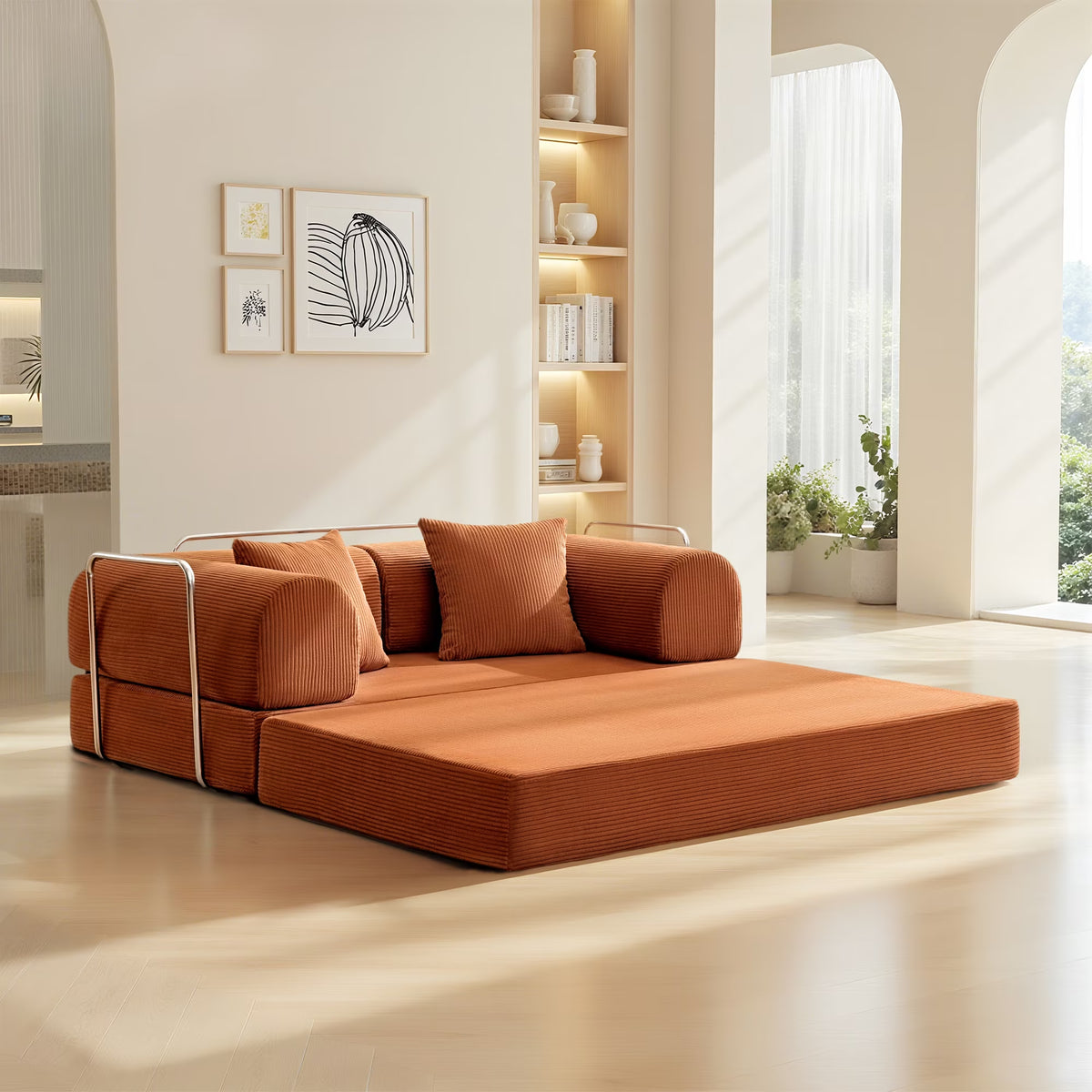 63" W Convertible Boneless Sofa Bed, Folding Corduroy Sofa Couch, No Assembly Floor Sleeper Sofa Couch for Living Room, Bedroom, Pumpkin Brown