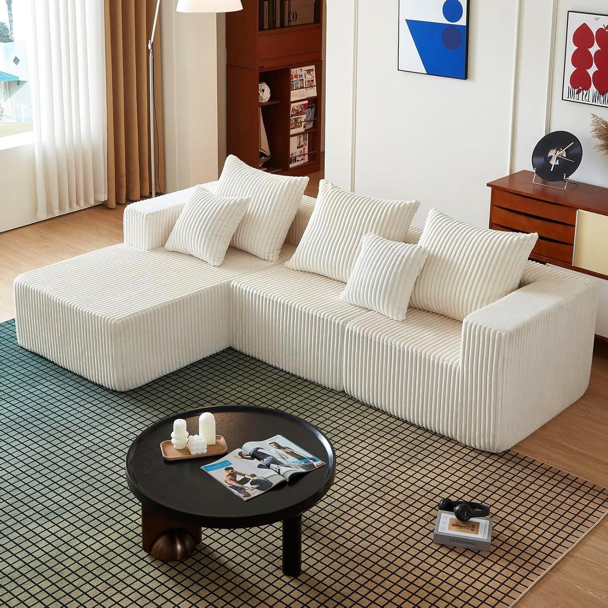 102" Sectional Couches for Living Room,Boneless Cloud Couch,L-Shaped Sofa with Oversized Deep Seat,Comfy Couch for Apartment,Compressed Sofa in a Box,No Assembly Required(Corduroy,Beige)