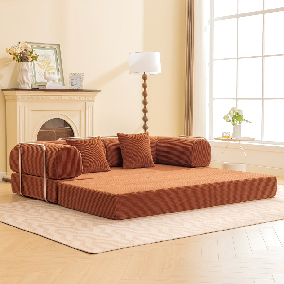 78.7" Convertible Boneless Sofa Bed, Folding Corduroy Sofa Couch, No Assembly Floor Sleeper Sofa Couch for Living Room, Pumpkin Brown