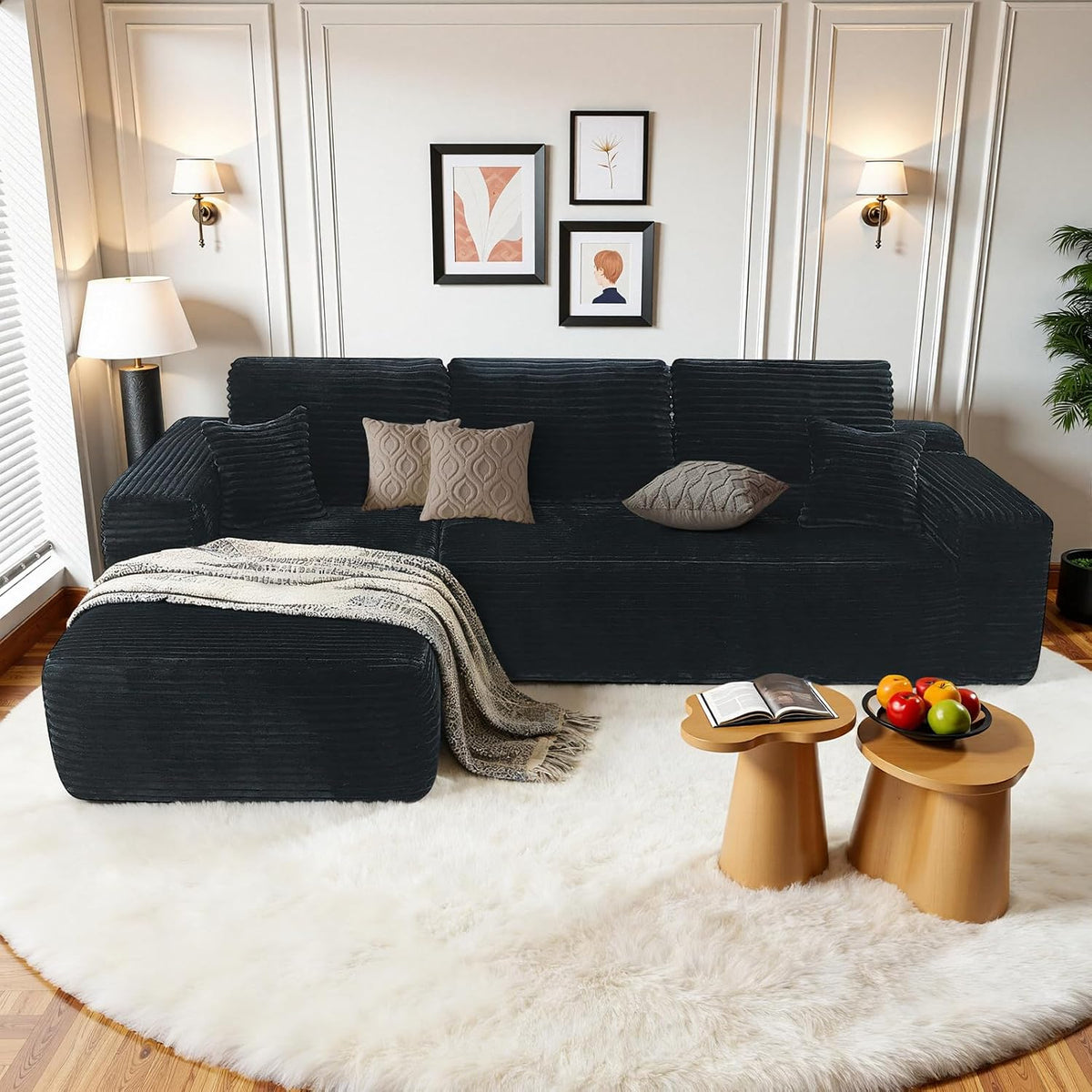 Velour L-Shaped Sectional 105", Left Chaise, 4-Seat, Black