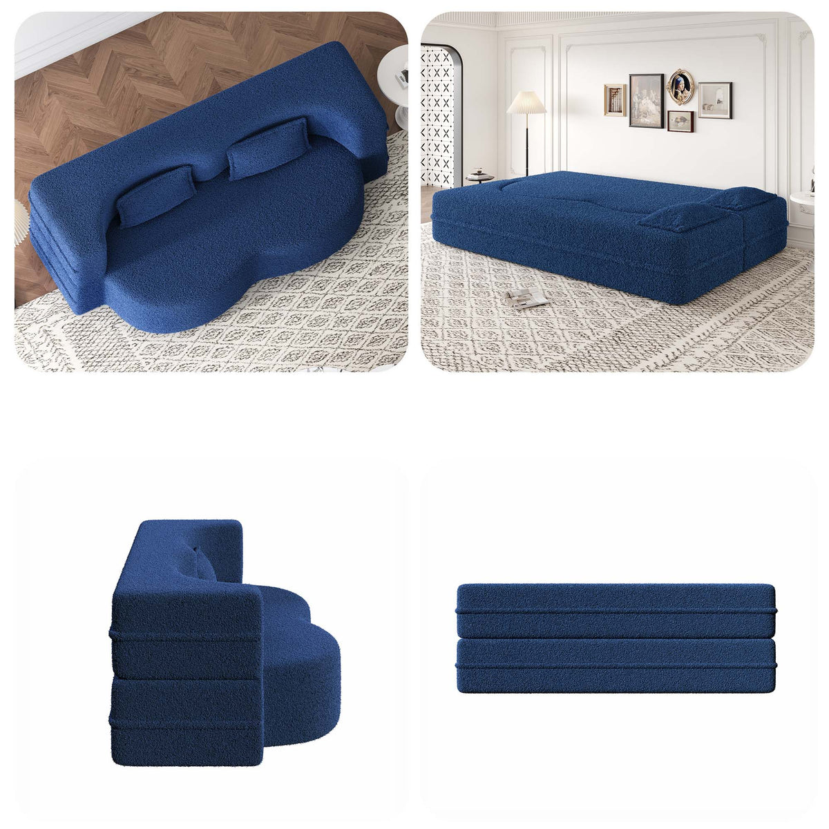Full Size Boneless Couch Bed, 15" Convertible Folding Futon Sofa Bed with 2 Pillows, Teddy Fabric Foam Sleeper Couch, No Assembly, Blue