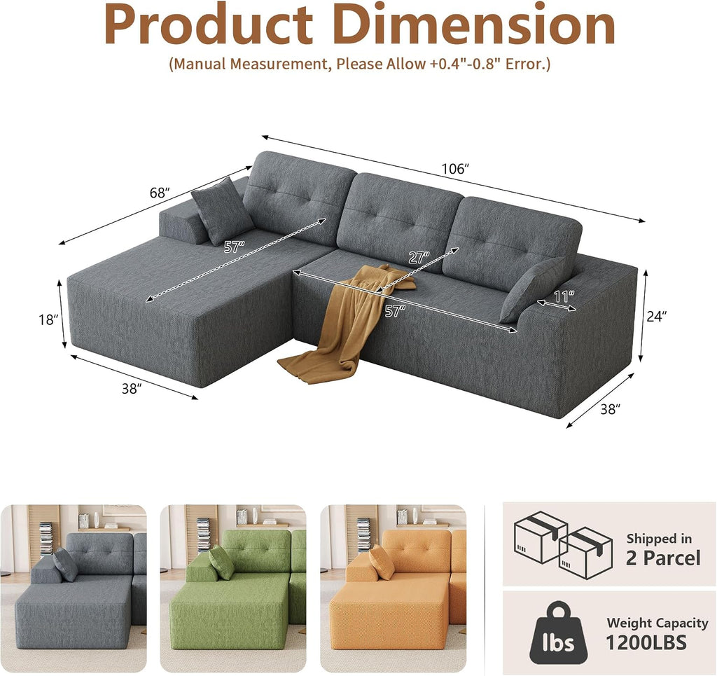 106" L-Shaped Modular Sectional Sofa, Boneless Cloud Couch