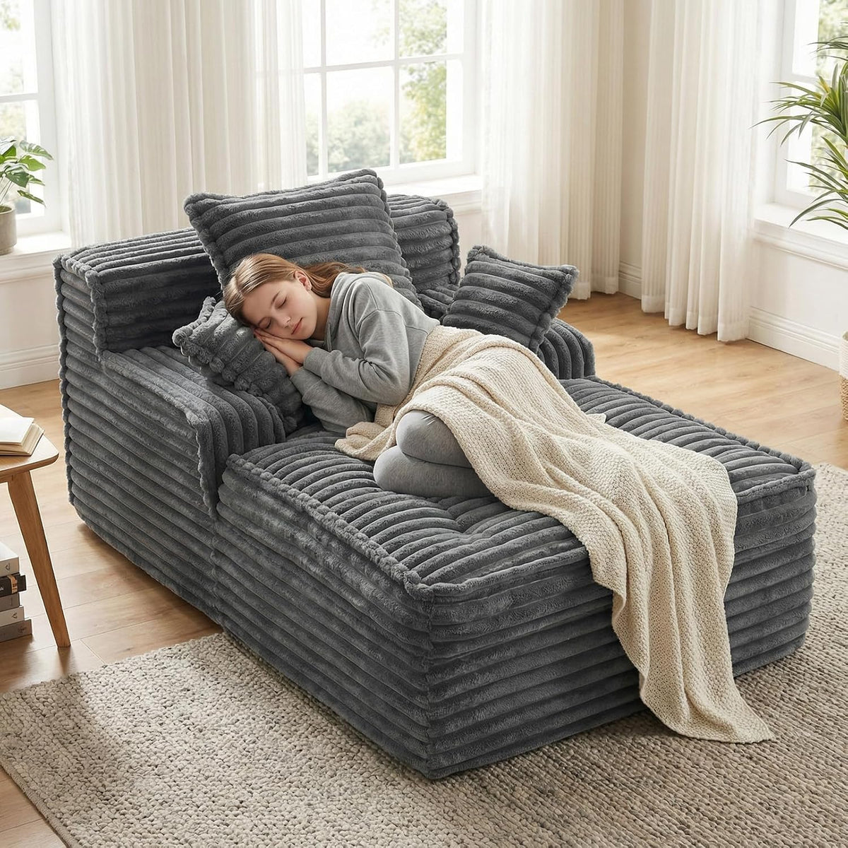 Boneless Chaise Lounge Chair Indoor, Top Fixed-Point Comfort Layer Boneless Couch, 57'' Cloud Corduroy Sofa Bed, Block + Crumb Foam Construction, Deep Seat Reading Chair with 3 Pillows, No Assembly
