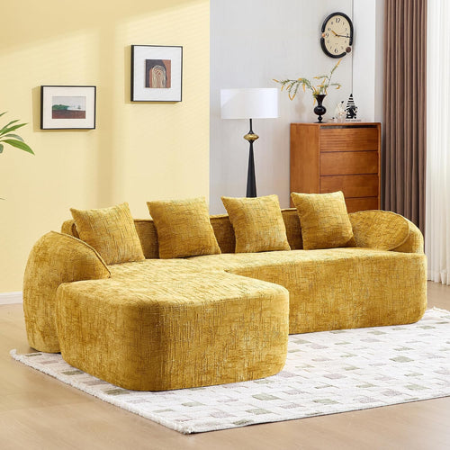 101.18" Cloud Sofa, Chenille L-Shape Sectional Sofa with Chaise, Four Pillows, Compressed Sofa Couch for Living Room, Guest, Bedroom, No Assembly Required, Yellow