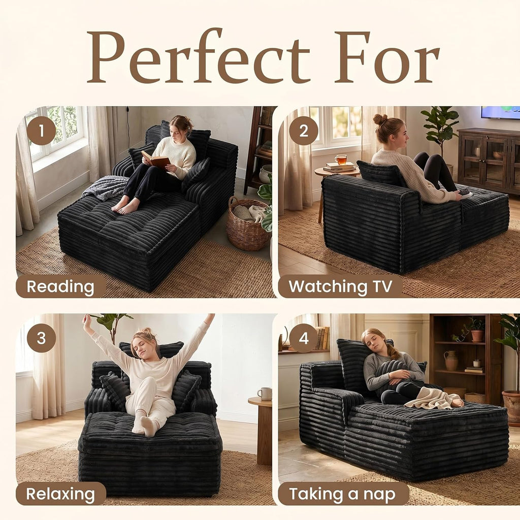 Boneless Chaise Lounge Couch Indoor, Small Corduroy Upholstered Sleeper Sofa Bed Reading Chairs with 3 Pillows, Fluffy Comfy Cloud Sofas Couches, Compression Boneless Sofa for Small Corner