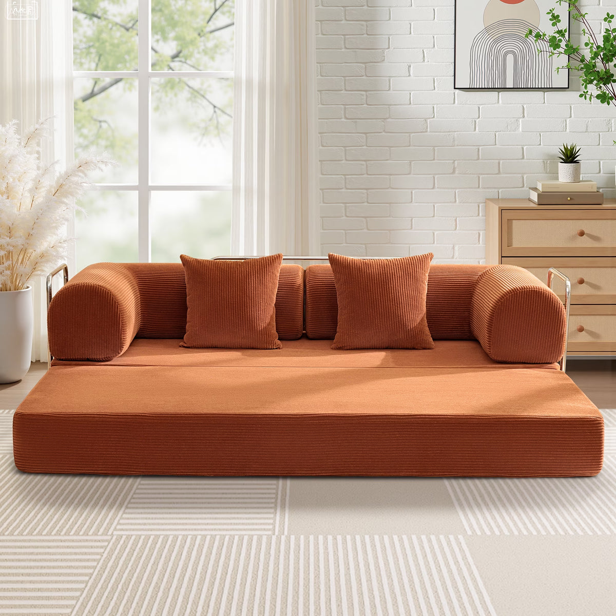 78.7" Convertible Boneless Sofa Bed, Folding Corduroy Sofa Couch, No Assembly Floor Sleeper Sofa Couch for Living Room, Pumpkin Brown