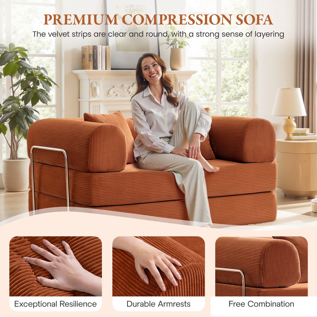 63" W Convertible Boneless Sofa Bed, Folding Corduroy Sofa Couch, No Assembly Floor Sleeper Sofa Couch for Living Room, Bedroom, Pumpkin Brown