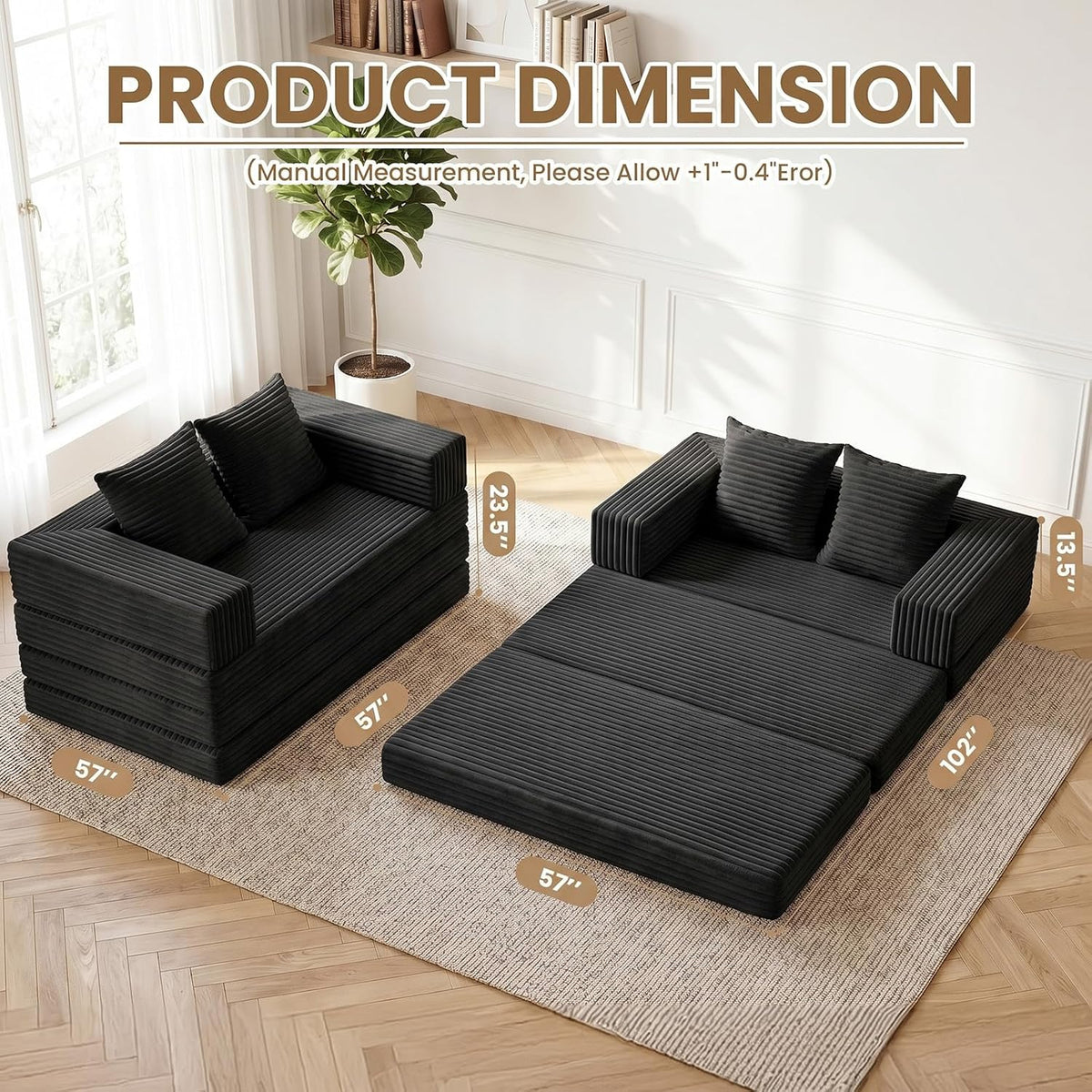 Boneless Loveseat Sofa Bed,Small Couch Bed Futon Sleeper Sofa,Convertible Pull Out Couch with Removable Armrests Backrest,Corduroy Folding Floor Boneless Couch for Living Room,Small Space,Black