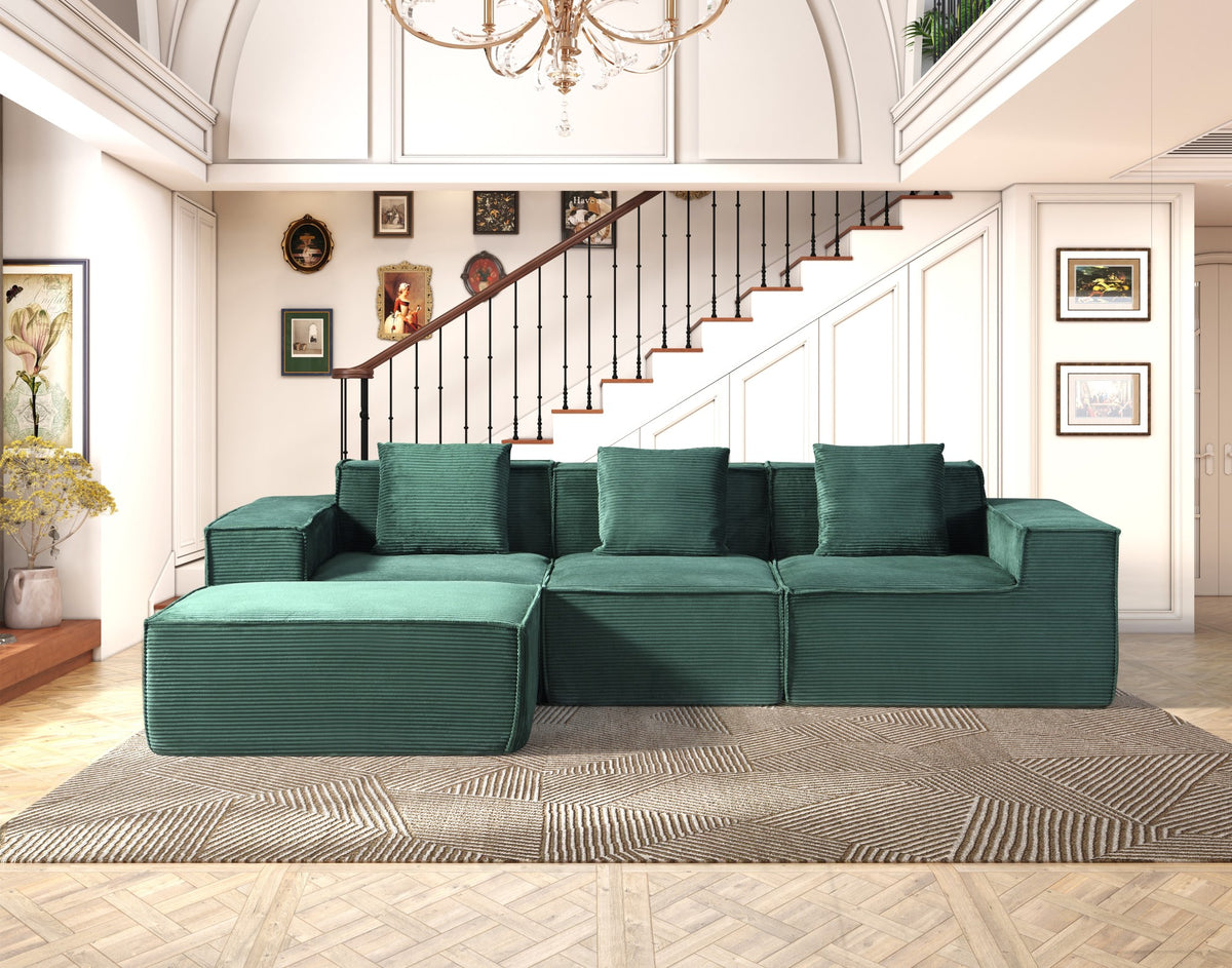 CozyForm Sectional Sofa, 4-Seat, Ottoman, Dark Green