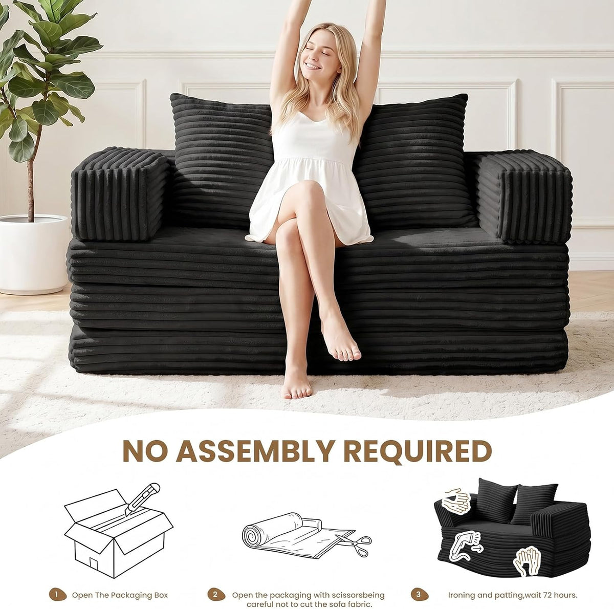 Boneless Loveseat Sofa Bed,Small Couch Bed Futon Sleeper Sofa,Convertible Pull Out Couch with Removable Armrests Backrest,Corduroy Folding Floor Boneless Couch for Living Room,Small Space,Black