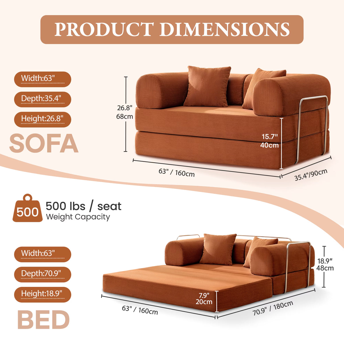 63" W Convertible Boneless Sofa Bed, Folding Corduroy Sofa Couch, No Assembly Floor Sleeper Sofa Couch for Living Room, Bedroom, Pumpkin Brown