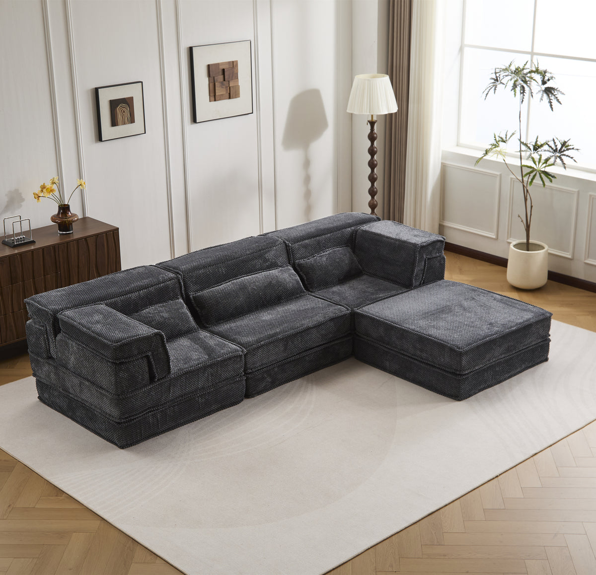 Mahjong Sofa, 3-Seat, Ottoman, Dark Gray
