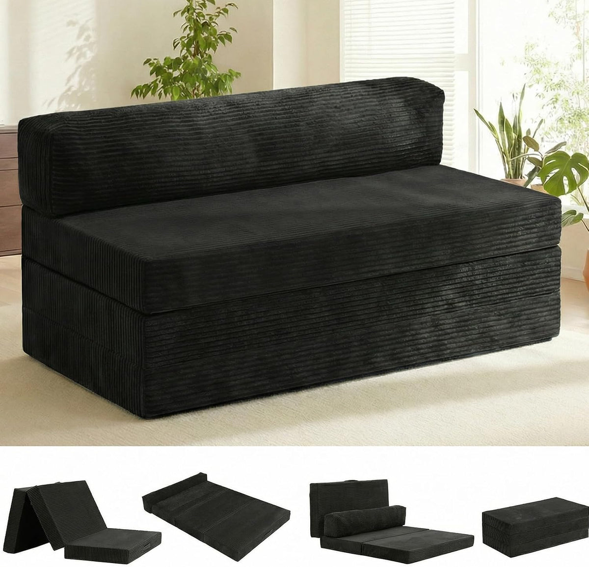 5-In-1 Convertible Sofa Bed, Boneless Couch Loveseat with Removable Cushions & Washable Cover, Futon Sofa Bed with Handle, Pull Out Couch for Small Spaces, Queen Size, Black