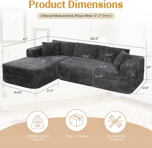 103" Modular Sectional Sofa for Small Spaces, No Assembly, Black