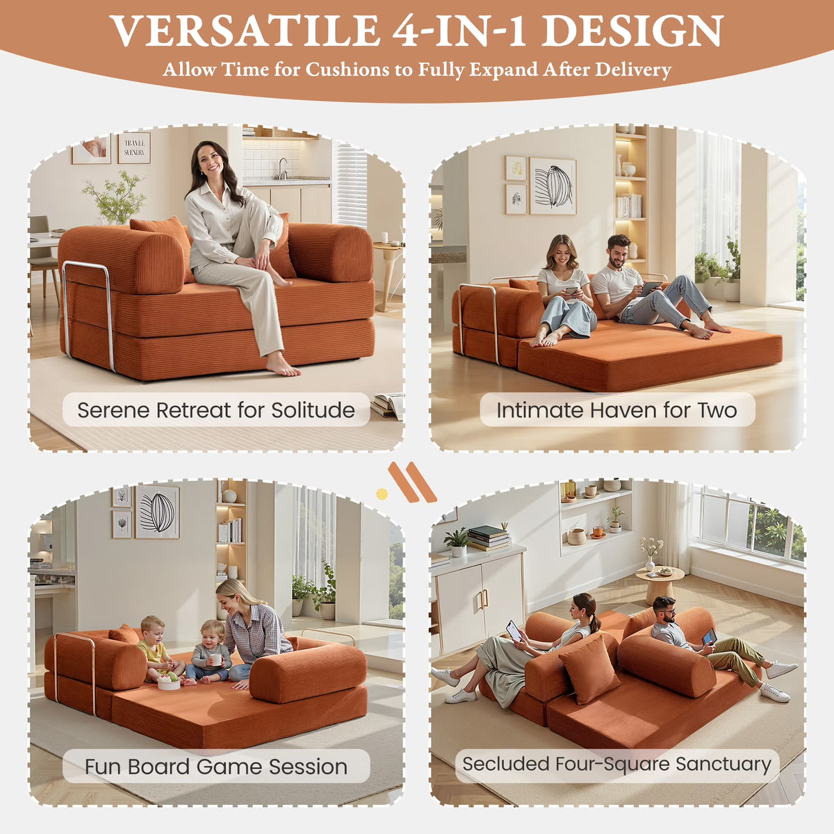 63" W Convertible Boneless Sofa Bed, Folding Corduroy Sofa Couch, No Assembly Floor Sleeper Sofa Couch for Living Room, Bedroom, Pumpkin Brown