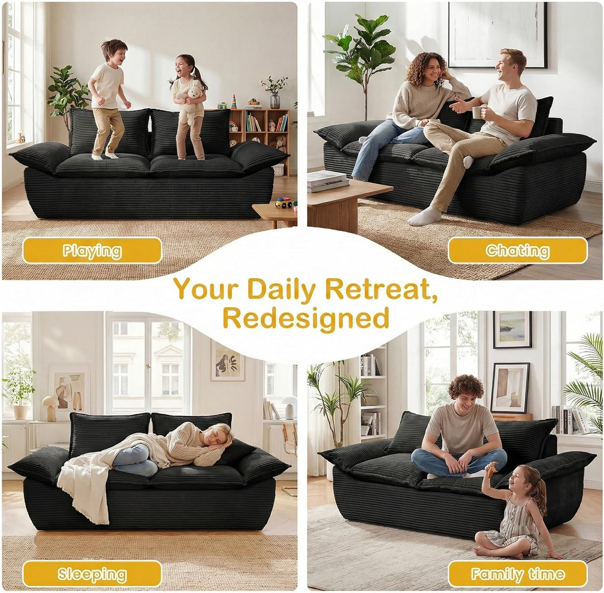 56" Boneless Loveseat, 2-Seater Black Boneless Sofa with Removable Cushions & 2 Pillows, Small Mini Couch Boneless Foam Sofa for Living Room, Apartments, & Office