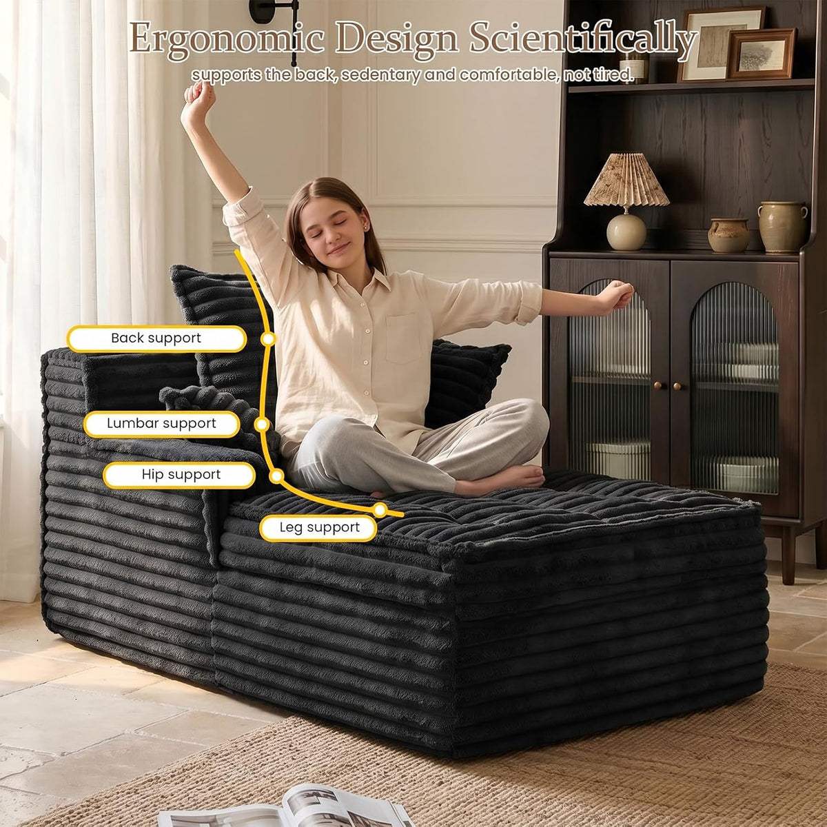 Boneless Chaise Lounge Couch Indoor, Small Corduroy Upholstered Sleeper Sofa Bed Reading Chairs with 3 Pillows, Fluffy Comfy Cloud Sofas Couches, Compression Boneless Sofa for Small Corner