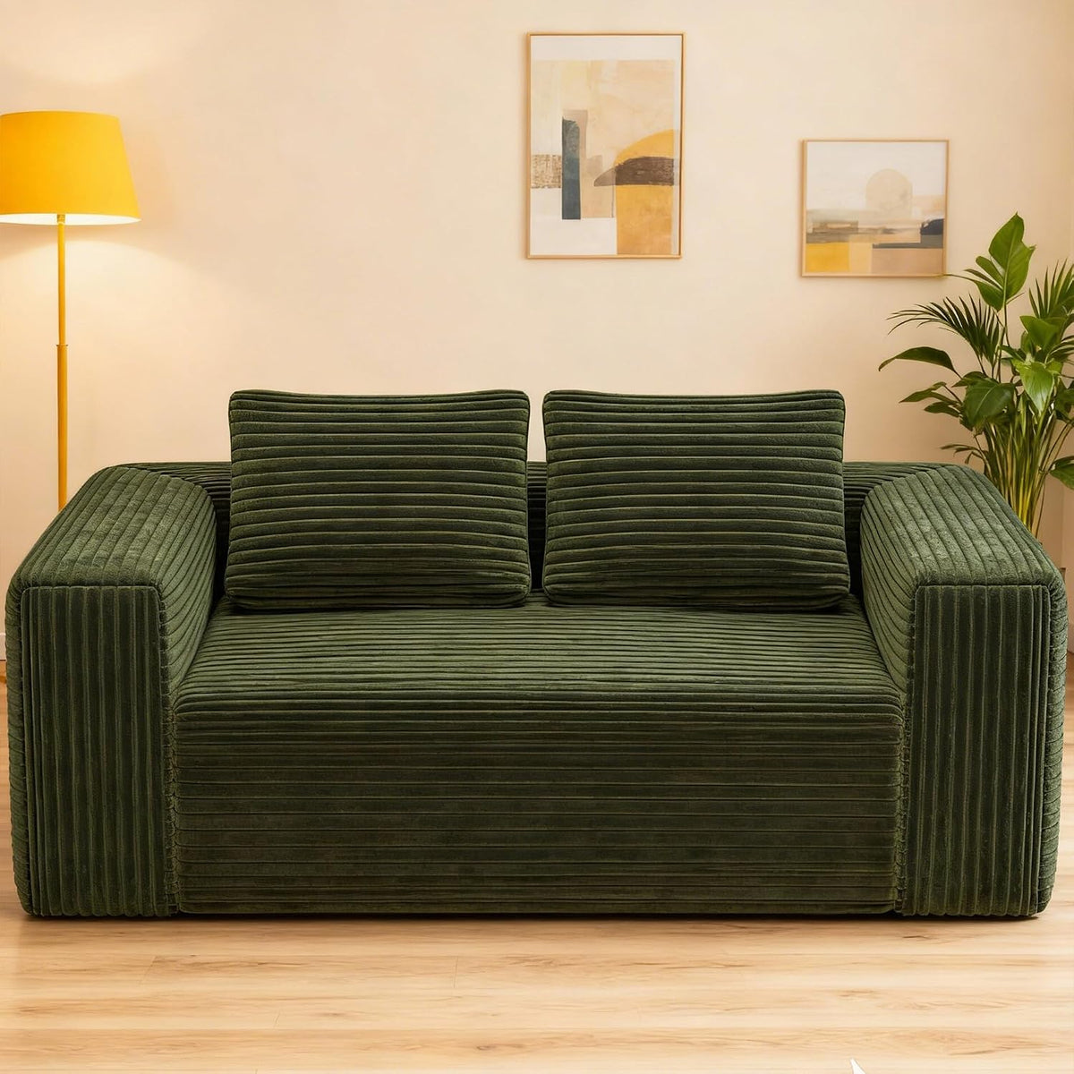 63" 2 Seater Boneless Sofa, Cloud Loveseat Sofa in a Box for Living Room, Corduroy Couch Memory Foam Couch No Assembly Needed Floor Sofa Lounge for Living Room Bedroom, Green