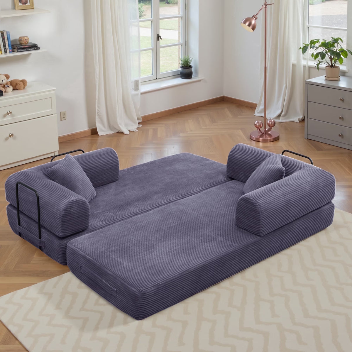 Convertible Floor Sofa Bed,  63" Foldable Compression Loveseat Lounge Sleeper Sofa with Pillow & Fixed-Shape Frame, Corduroy Folding Boneless Sofa Couch for Living Room, Small Space, Gray