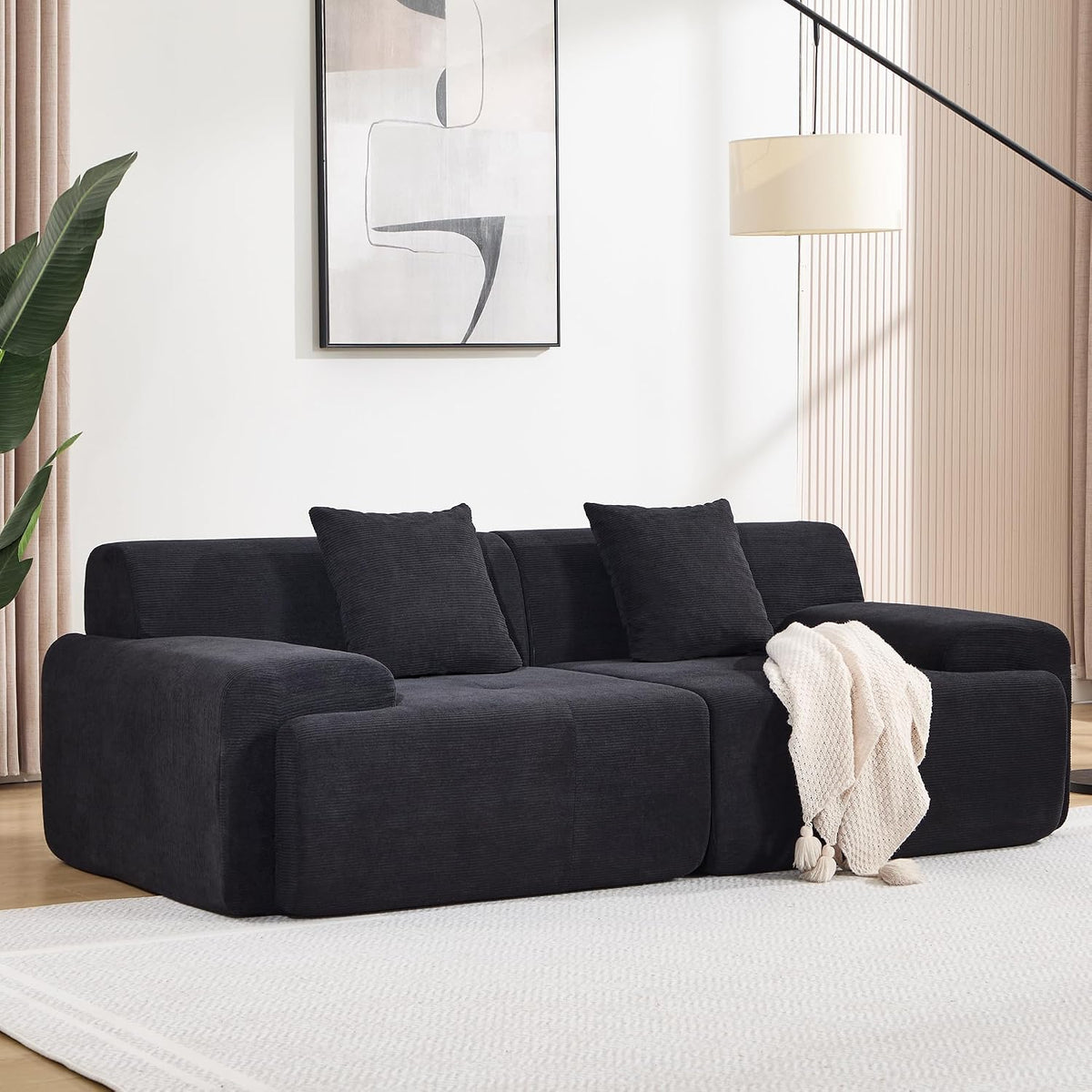 86" Loveseat Modular Sectional Sofa, Oversized 2-Seater Full Foam Boneless Cloud Couch with Wide Armrest, Corduroy Upholstery Small Couches for Living Room, No Assembly, Black