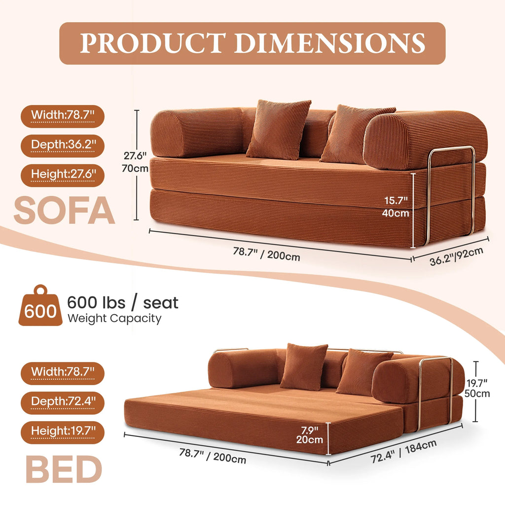 78.7" Convertible Boneless Sofa Bed, Folding Corduroy Sofa Couch, No Assembly Floor Sleeper Sofa Couch for Living Room, Pumpkin Brown