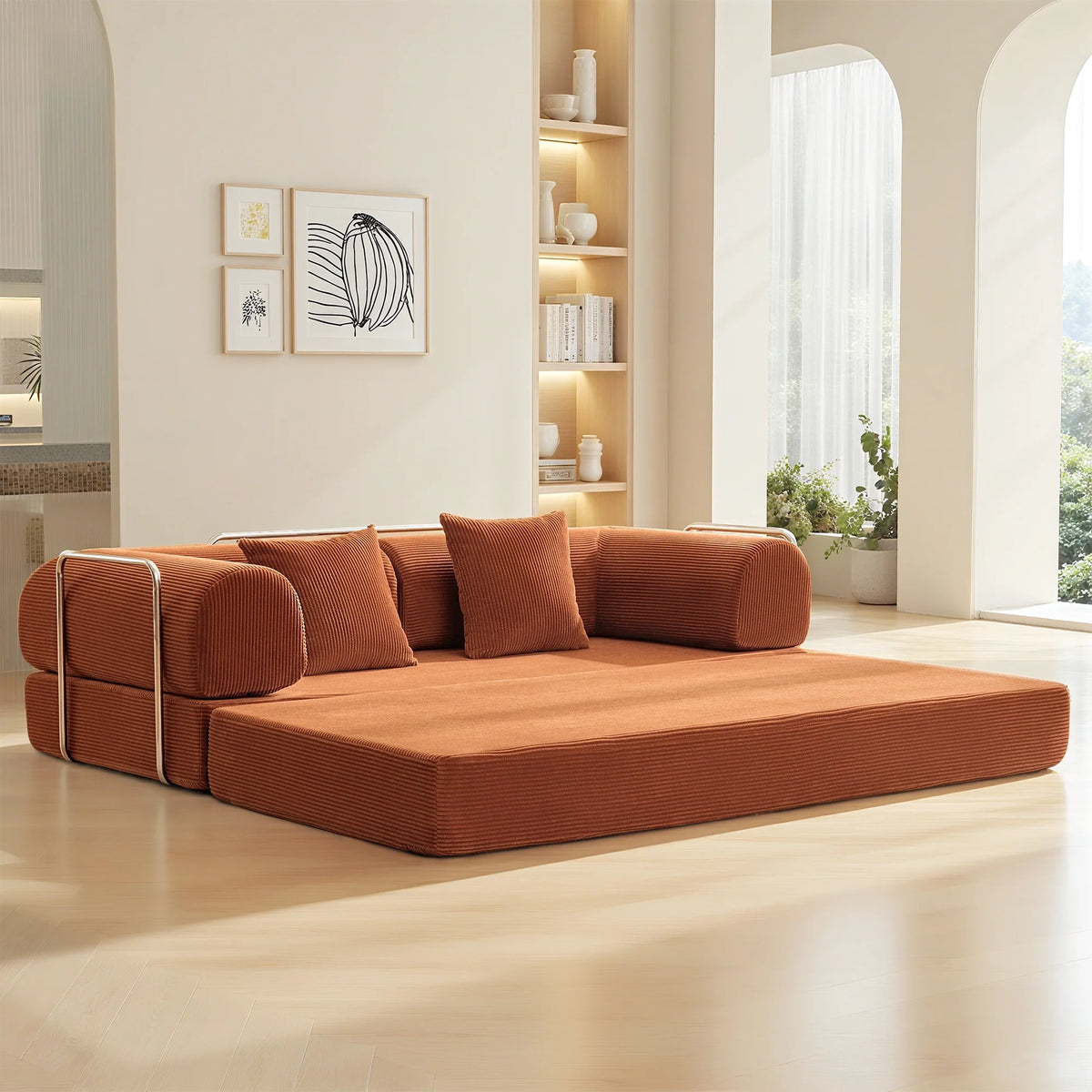 78.7" Convertible Boneless Sofa Bed, Folding Corduroy Sofa Couch, No Assembly Floor Sleeper Sofa Couch for Living Room, Pumpkin Brown