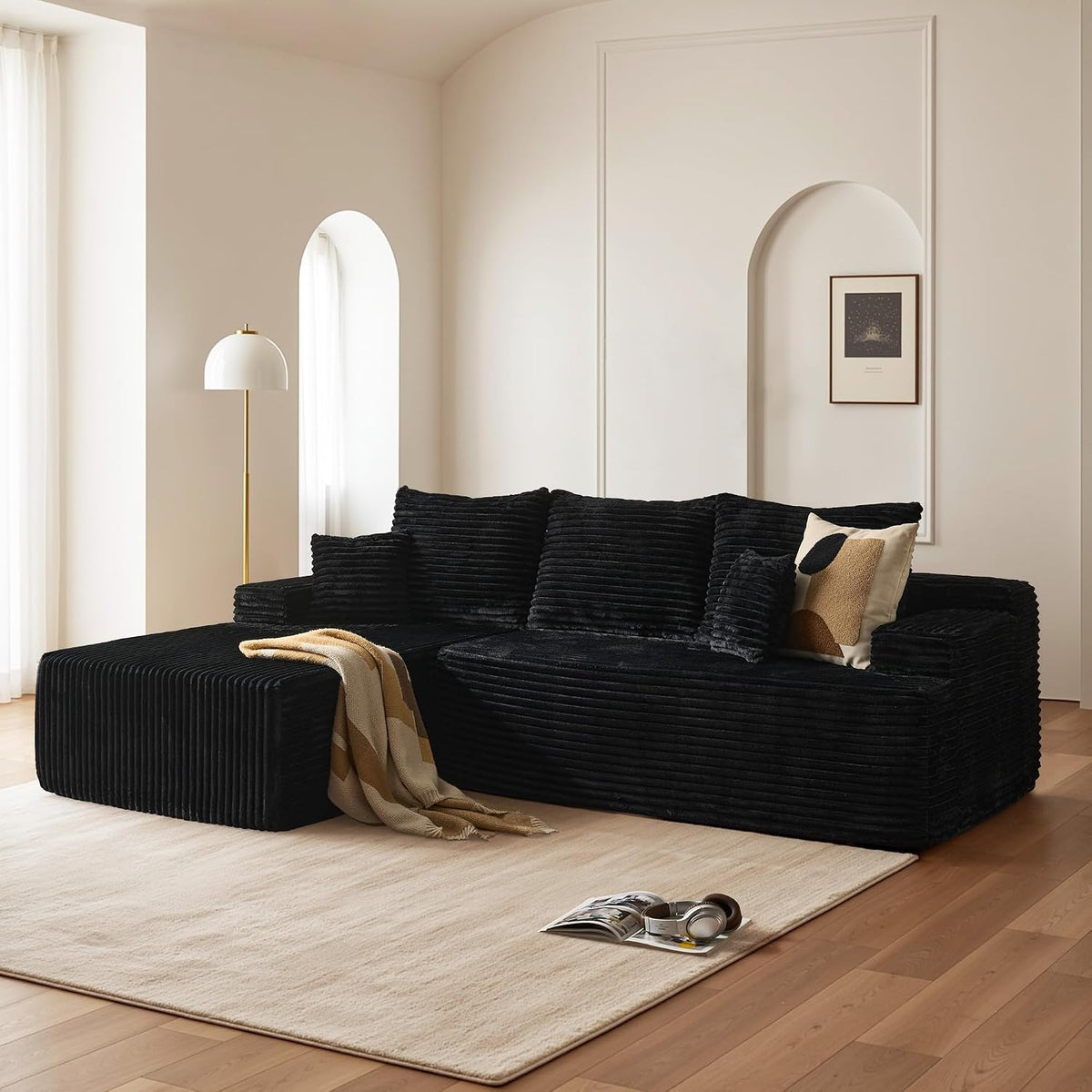 Nimbus Cloud L-Shaped Sectional 96", Left Chaise, 3-Seat, Black Plush
